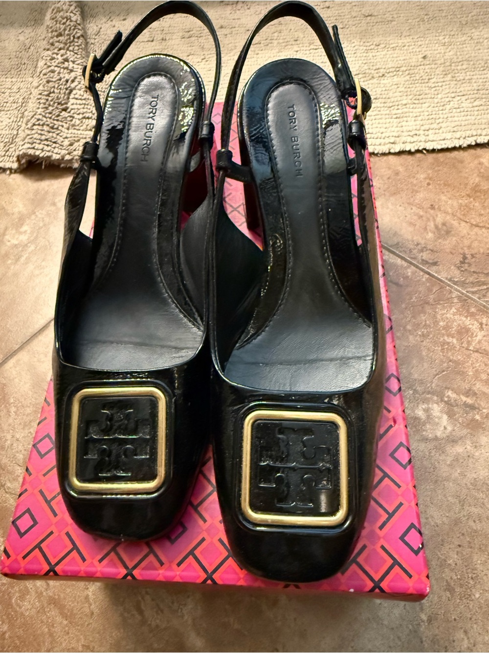 Tory Burch Georgia Slingback Patent Leather  Pumps with Gold Logo